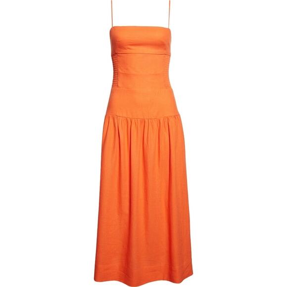 Farm Rio Orange Smocked Linen Blend Sleeveless Resort Midi Sun Dress Size Small - Picture 6 of 16